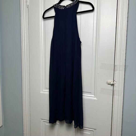 SLNY Midi Dress Womens 14 Dark Navy Blue Embellished Halter Sleeveless Party NWT - Picture 6 of 8